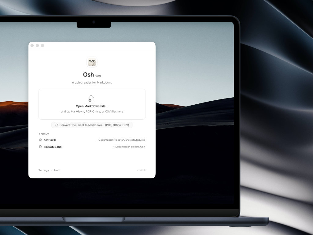Osh welcome screen on a MacBook